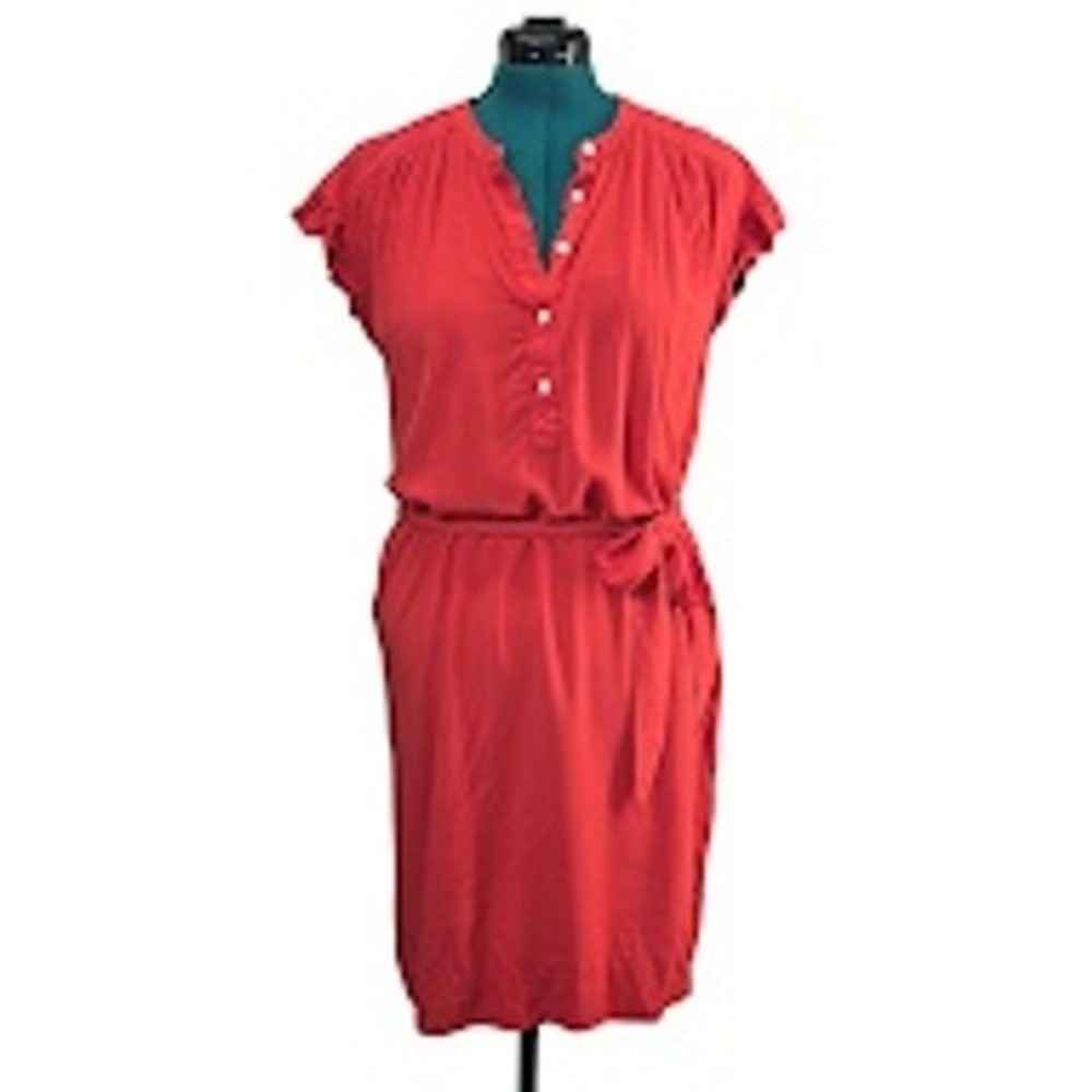 LOFT Red Dress Petite‎ Midi Casual Button Front Tie Waist Size M Petite